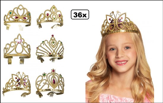 36x Diadeem goud 6 assortie kids - Prinses - Thema feest verjaardag uitdeel hoofd accesoires Barbie