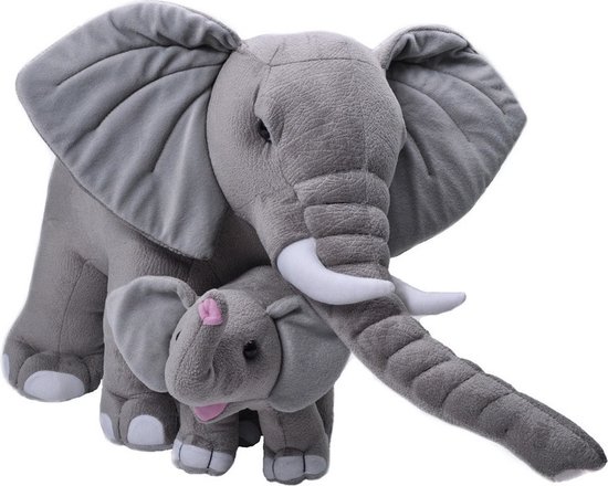 Grote pluche grijze olifant met kalfje knuffel 76 cm - Safaridieren knuffels - Speelgoed voor kinderen