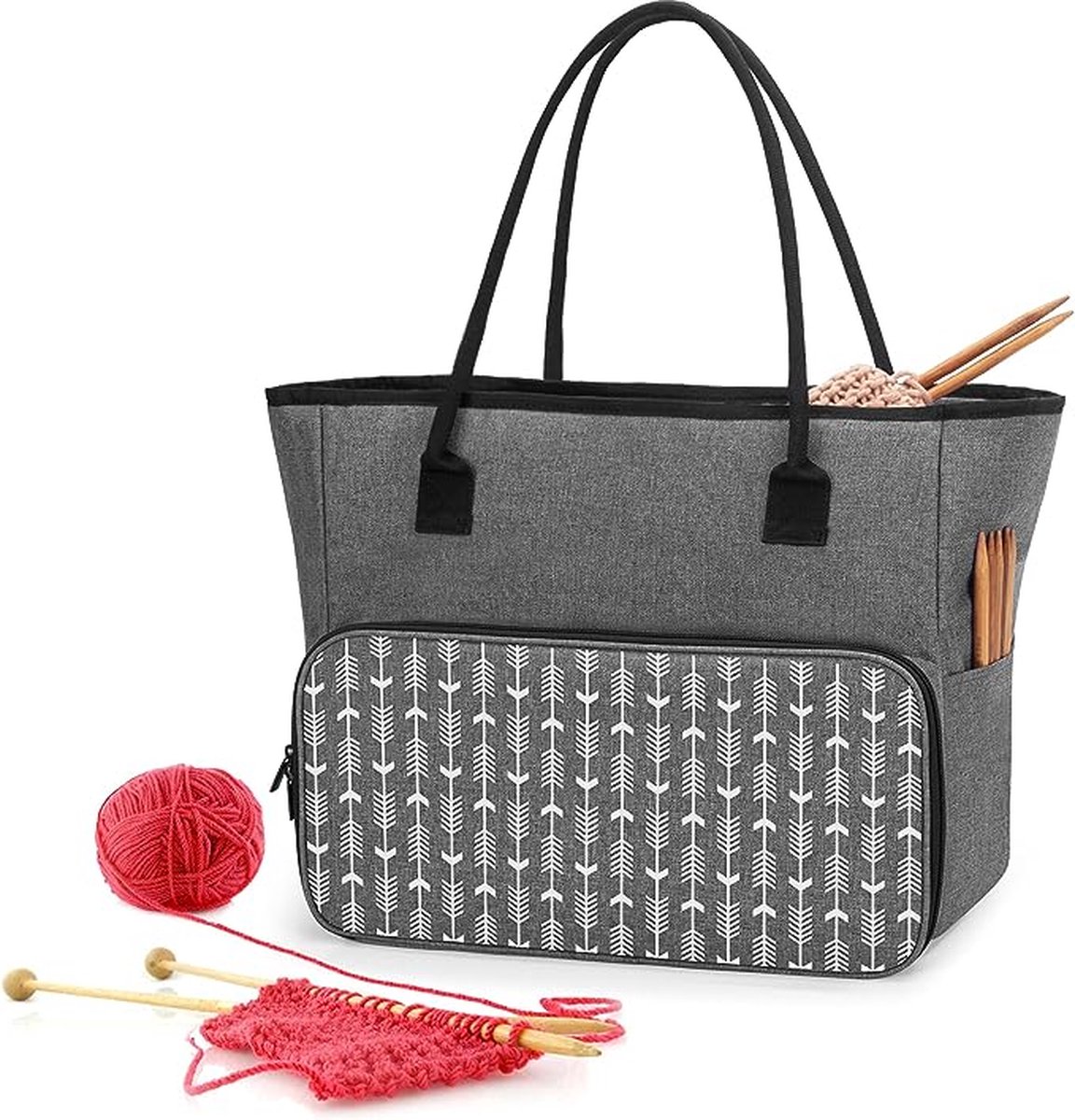 Breien Tote tas met zakken voor WIP Projecten, Garen Opslag Organizer Bag voor 14"/35,5 cm breinaalden, garen, haakhaken of andere accessoires, Grijs met pijl patroon