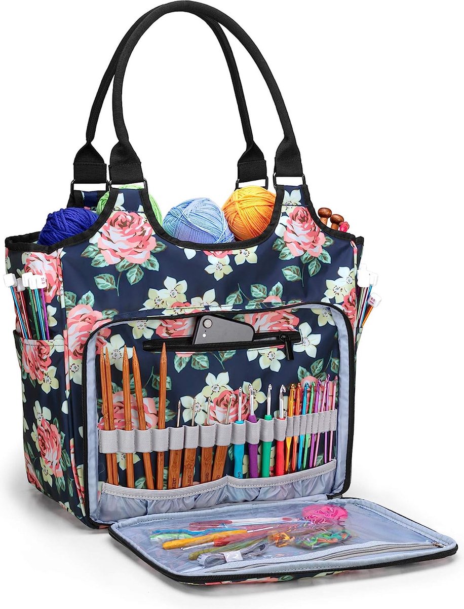 Breien tas, garen opbergtas voor garen, breinaalden en breien project, breien en haken draagtas met accessoires zak voor haaknaalden of andere breinbenodigdheden, Peony Blue