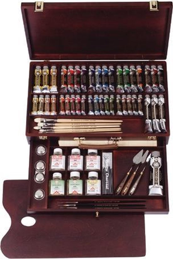 Oil Colour kist "Excellent" 19 x 15 ml + 18 x 40 ml + 3 x 60 ml + 1 x 150 ml olieverf met penselen, palet, paletdoppen, schildersmessen en hulpmiddelen