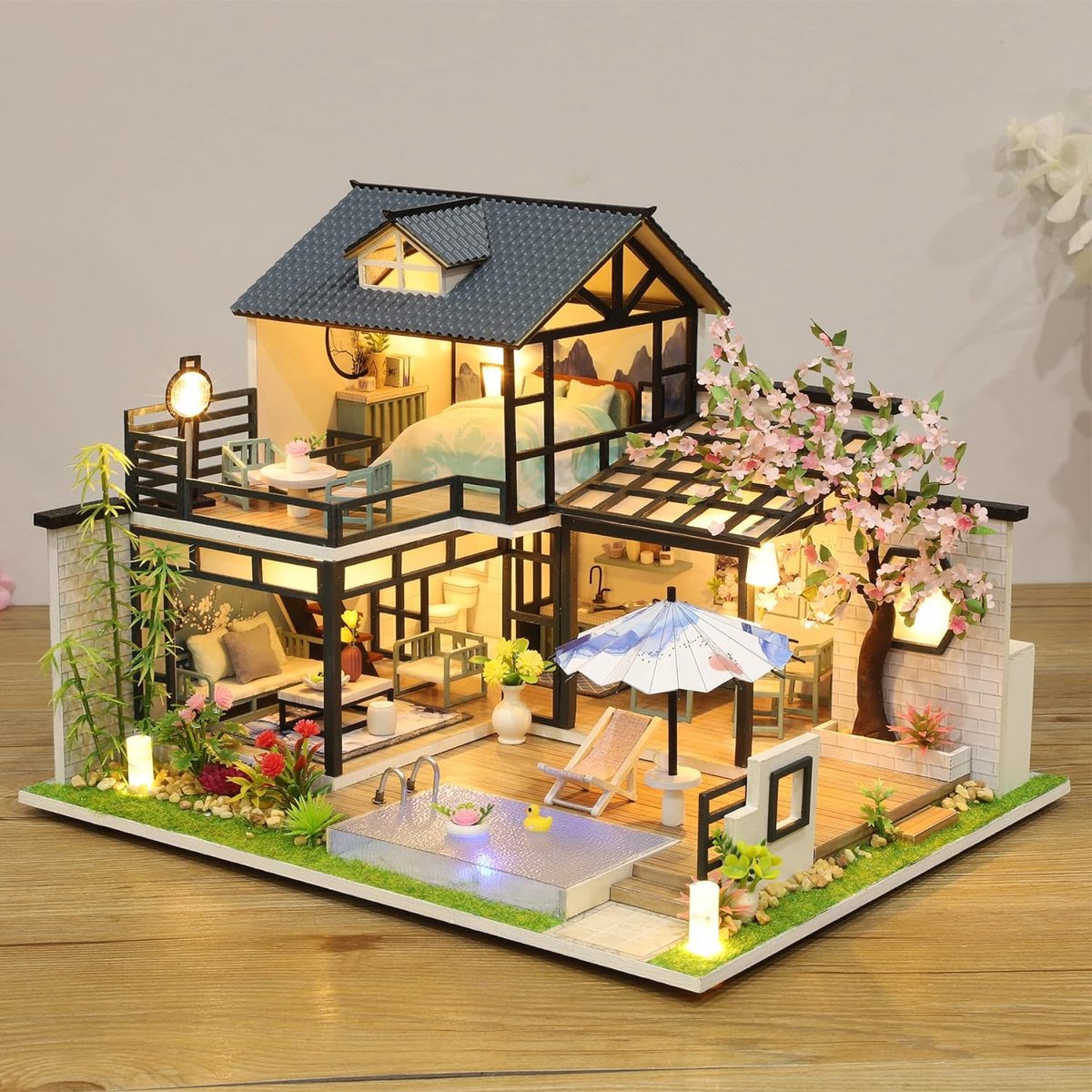 Miniatuur Poppenhuis Kit om DIY Poppenhuis Kit met Meubilair te bouwen Muziek DIY Miniatuur Huis Kit met Gereedschap Maak je eigen Craft House Model (Poëtische binnenplaats)