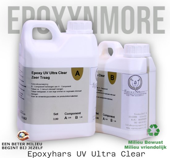 Milieubewust Milieuvriendelijk Epoxy UV Ultra Clear Zeer Traag 3 kg. verwerkingstijd c.a. 360min. gietingen 10 tot 100 mm dikte VOC dampen en oplosmiddel vrij