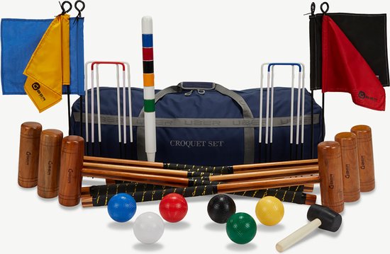 Origineel Engelse Croquet set, 6 persoons, 11 mm dikke stalen poorten, Hardhout, top kwaliteit