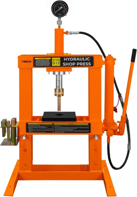 T-Mech Hydraulische Werkplaatspers 10 Ton - Stalen Frame - Inclusief Drukmeting - Gratis 8 Verschillende Mandrils & 1 Adaptor