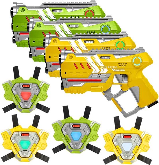 Light Battle Connect lasergame set - 4 Laserguns Geel/Groen + 4 lasergame vesten - Laser game set met unieke Anti-Cheat functie! - 4 spelers