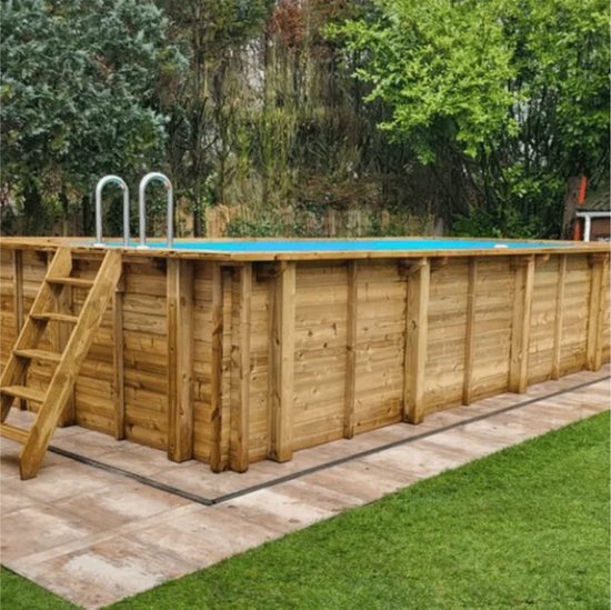 Interline zwembad Bali 7,90 x 4,00m rechthoek - Houten constructie - Op- en inbouw - Inclusief filterset - Inclusief zwembadtrap - Gratis onderhoudsset