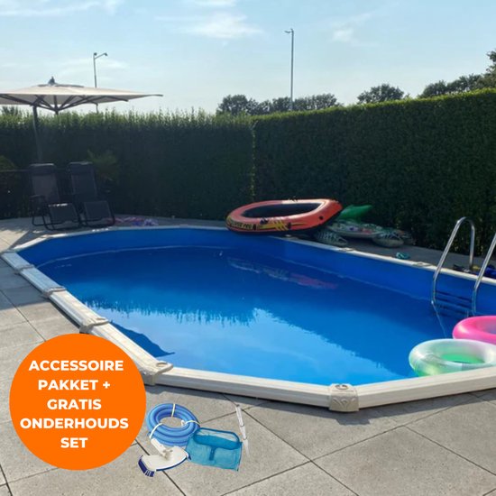 Interline zwembad Century 7,30m x 3,60m ovaal - Metaalwand zwembad - Op- en inbouw - Inclusief filterset (6m3/u)- Inclusief zwembadtrap - Gratis onderhoudsset