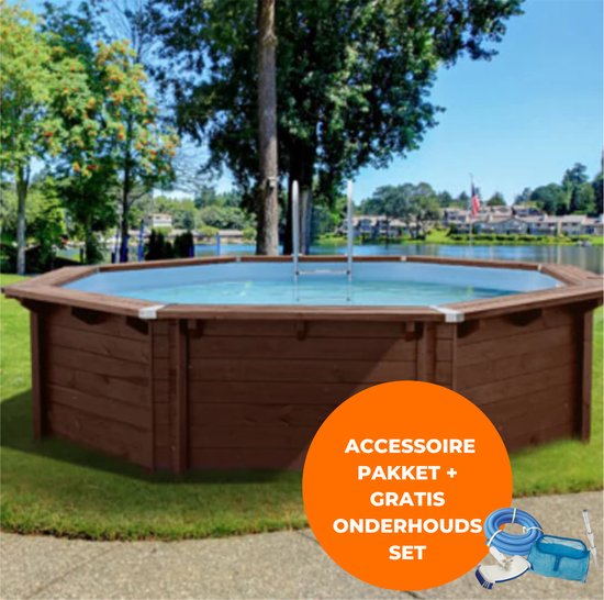 Interline zwembad Sumatra 5,30m rond - Houten constructie - Op- en inbouw - Inclusief filterset - Inclusief zwembadtrap - Gratis onderhoudsset