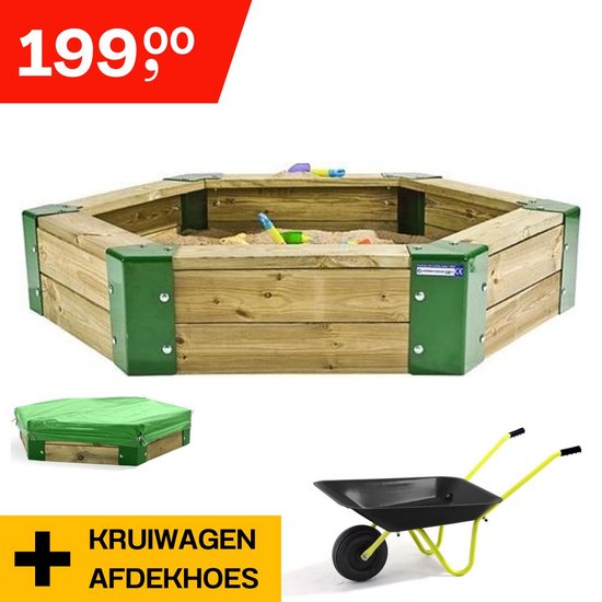 Hörby Bruk® Zandbak Bundel 150 - Inclusief Zwarte Kruiwagen + Zandbak hoes - 100% FSC Hout - 10 Jaar Hout Garantie- Zandbak Hout - Speeltoestel buiten - Zandbak speelgoed - Zandbak kind - LxBxH 150 x 150 x 15 cm - Zandbak Speelgoed