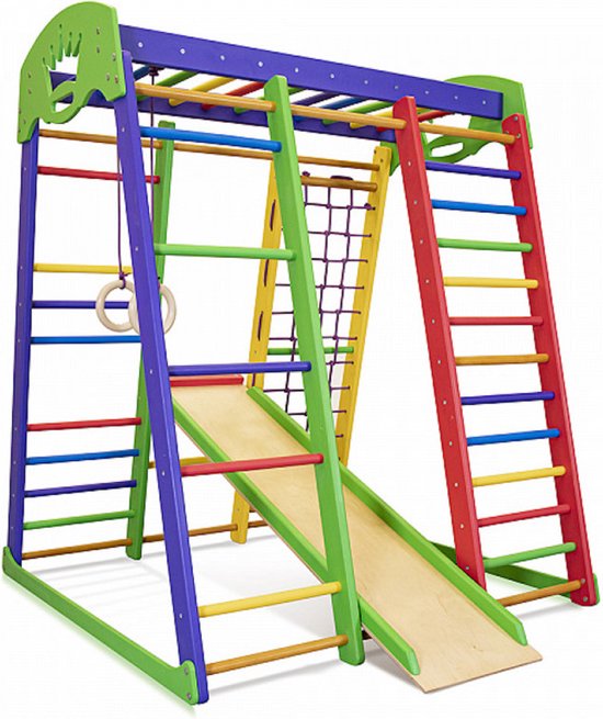 Juliard.Club Speelhoek Dino 150-1 - Klimtoestel met glijbaan -  Klimrek voor peuters - Speelhoek met klimnet voor kinderen - Klimwand met Ringen - kleurrijk