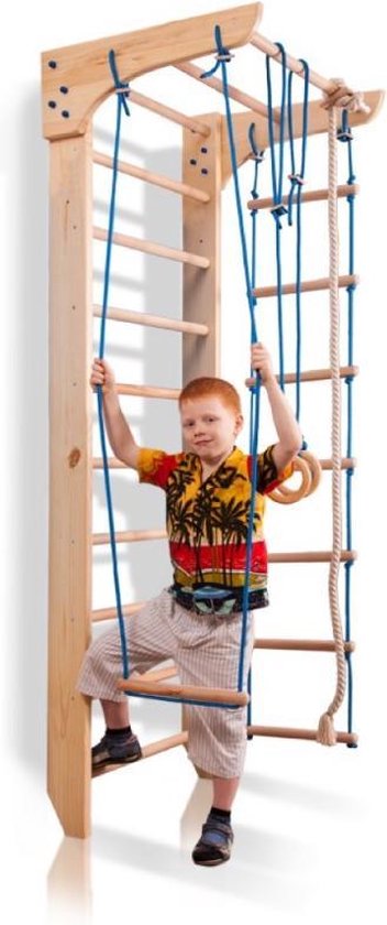 Juliard.Club Klimrek 220-2 met Touwset - Klimtoestel, Sportwand, Klimmuur - Klimwand met Ladder Tow Ringen Schommel - kleur vernis