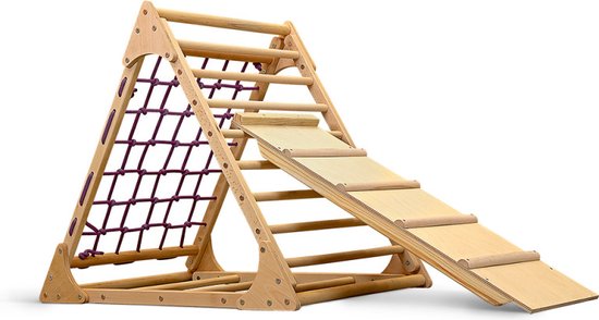 Juliard.Club Pikler Driehoek Triangle Net 1 met Klimnet en Glijbaan Klimbord - Klimrek klimtoestel voor peuters en kleuters -Houten klimtoren met glijbaan - vernis
