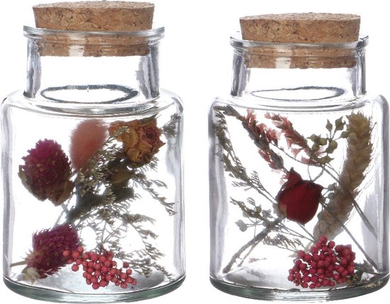 Glazen medicijnfles met 2 diverse droogbloemen Ø7cm - 12 st