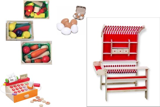 Winkel Speelset Met Kassa - Inclusief Speelgoedeieren en Kratjes - Rood