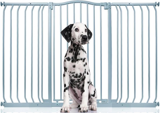 Bettacare Extra Hoge Hondenhekje met Gebogen Bovenkant, 143cm - 152cm, Mat Grijs, Extra Hoog 100cm in Hoogte, Traphekje Zonder Boren voor Hond en Puppy, Hekje voor Huisdieren en Honden, Eenvoudige Installatie