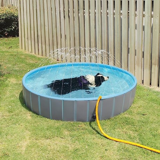 EUGAD Kinderbadje voor extra grote honden, opvouwbaar hondenzwembad, antislip badkuip voor honden en kinderen, zwembad met waterstralen, in lichtblauw met lichtgrijs, 160 x 30 cm