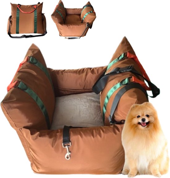 Goldcave Hondenmand voor in de Auto - Extra Zachte Luxe Uitvoering - Autostoel voor Hond - Reisbench - Bruin/Groen