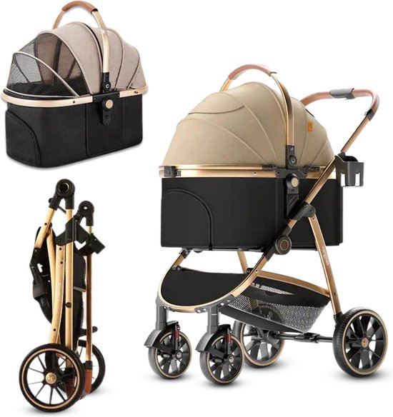 Luxe Hondenbuggy - Inclusief Accessoires | Opklapbaar | Buggy/ Buggie voor Dieren | Loskoppelbare Reistas | Vering Suspensie | Opbergrumte XL