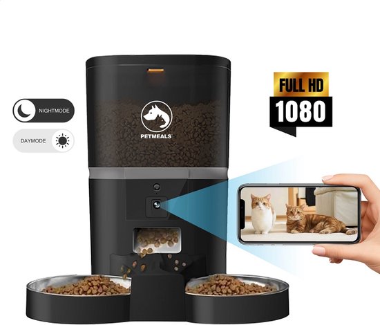 PetMeals® Zwarte Video/App Dubbele Automatische 6L Voerbak Kat en Hond | 1080P met Nachtfunctie | Met Smartphone besturing | Voerdispenser met Camera Voor 2 Huisdieren | 2 Splitter