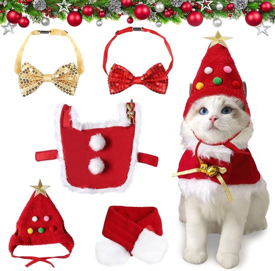 Kerstkostuumset voor huisdieren, 5-delige kattenkostuum, kerstkostuum voor honden, kattenkostuum, accessoireset, kerstman, kat met hoofddeksel, muts, vlinderdas, halsband, sjaal
