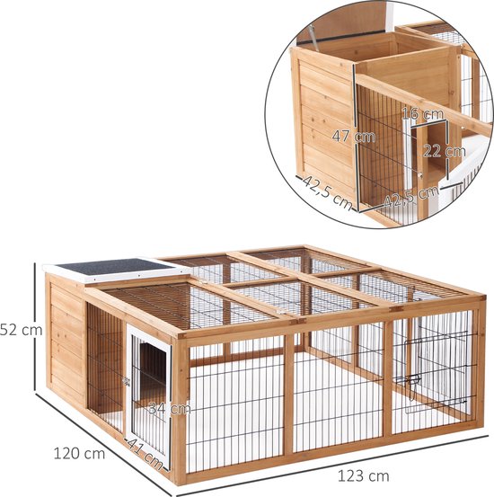 PawHut Konijnenhok met ren dak dat open kan dennenhout naturel D51-194