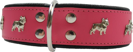 Dog's Companion - Leren halsband Franse Bulldog - Lengte: 65cm (51-60cmx50 mm), Kleur: Roze / Zwart