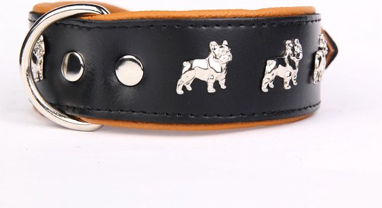 Dog's Companion - Leren halsband Franse Bulldog - Lengte: 55cm (45-53cmx40 mm), Kleur: Zwart / Bruin