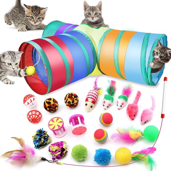 21 stuks Kattenspeelgoed voor binnen, interactief speelgoed voor kittens, inclusief een tunnel met drie gaten, een hengel met veerballen en muizen.