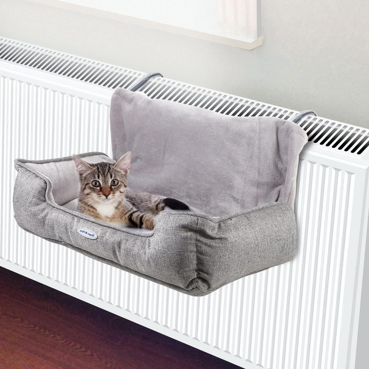 Kattenbed voor verwarmingen, knuffelige kattenverwarmingsligstoel, verstelbare haak voor verschillende verwarmingen, kattenhangmat voor verwarmingen, grijs