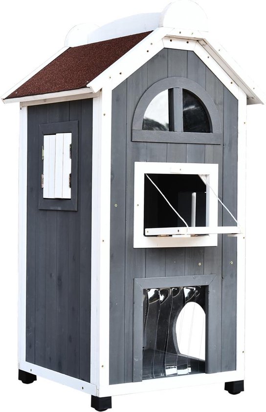 Kattenvilla met trap en balkon - Kattenhuis - Kattenhok - 2 verdiepingen - 59 x 55 x 109 cm- Hout - Grijs