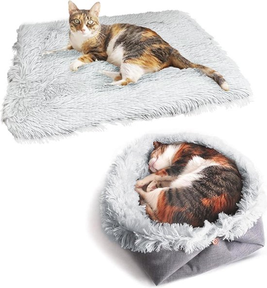 2-in-1 kattenbed, zelfverwarmende mat, opvouwbaar, thermische slaapzak, zacht pluche, voor kleine honden en katten (grijs)