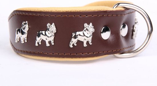 Dog's Companion - Leren halsband Franse Bulldog - Lengte: 65cm (51-60cmx50 mm), Kleur: Bruin / Naturel