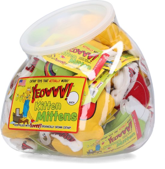 Yeowww! Kitten Mittens in vissenkom – Grootverpakking - Kattenspeelgoed met kattenkruid – Onweerstaanbaar voor katten – Geel/Rood/Groen - 30 Stuks