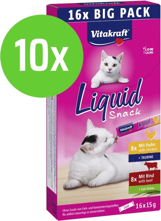 Vitakraft Liquid Snack Multipack - 16x 15 gram - 8x Kip & 8x Rund - 10 verpakkingen