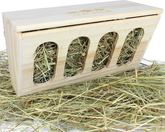 Hooi voor konijnen hazen hamsters cavia's. Rop met deksel van massief hout. Voedingspook incl. haken accessoires konijnenhok voederkribbe hout hooi hangend 26,5x13x14,5cm