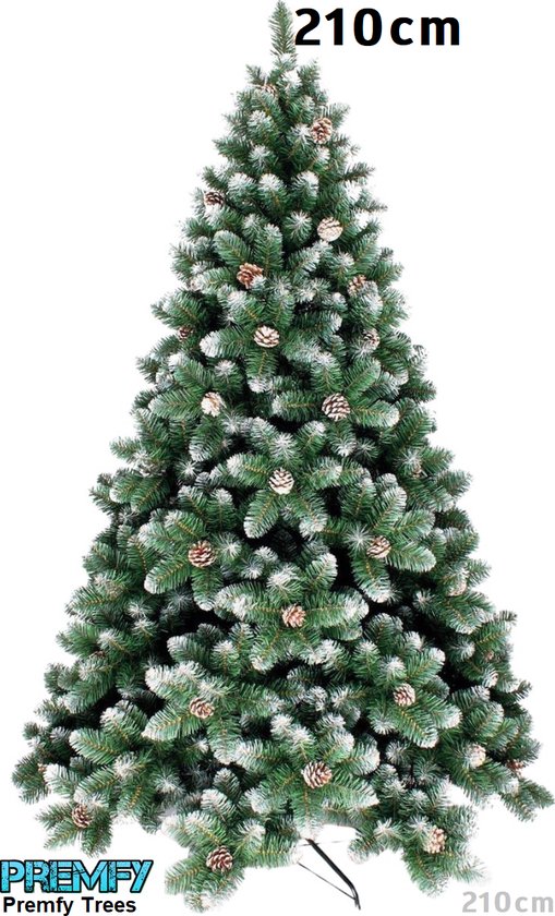 Premfy Deluxe Kunstkerstboom 210cm met 60 Echte Dennenappels en licht besneeuwde Takken - Mooi Volle Kunstkerstboom met 2150 Takken - Kerstboom - Spar - Zonder Verlichting - Frozen TIPS - Met versiering Dennenappels - Kerstboom Kunststof - Binnen