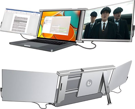 Blerron Tri-Screen - Portable Monitor - Beeldscherm - Monitoren - Scherm - Monitor - Inclusief Beschermhoes - 14" - 1920x1080P - 60 Hz - HDMI & USB-C - Laptopscherm: 14" - 16" - Zwart