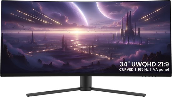 GAME HERO® 34 inch Ultrawide Curved Gaming Monitor Zwart - 165 Hz - 1ms