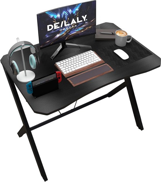 35 Inch 90 CM Breedte Gaming Bureau Koolstofvezel Oppervlak Gamer Tafel Computer Gamer Bureau met Monitor Plank Studie Bureau Werkstation PC Tafel Koolstofstaal Been Hoek Roze