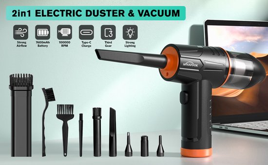 Synergy - Air Duster - Stofreiniger - Stofzuiger - Perslucht - 3 snelheden - Draadloos - Oplaadbaar - 5 mondstukken - Bank reiniger - Zwart