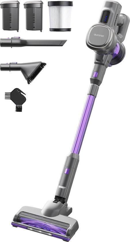 Auronic Steelstofzuiger - Draadloos - Zonder Zak - Op Accu - Zelfstaand - 220 W - Extra Batterij - Grijs/Paars