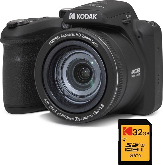 KODAK Pack Bridge Numérique Pixpro Astro Zoom AZ405 + Carte SDHC Kodak Ultra High Speed U1 32GB - Appareil Photo 20 mégapixels, Zoom X40, Grand Angle, LCD, Vidéo Full HD 1080p, OIS, Pile AA - Noir