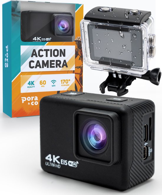 Pora&Co - Action camera - 4K - 16MP - 60FPS / 30M Waterdicht / WiFi - Inclusief Accessoires - Actiecamera - Onderwatercamera