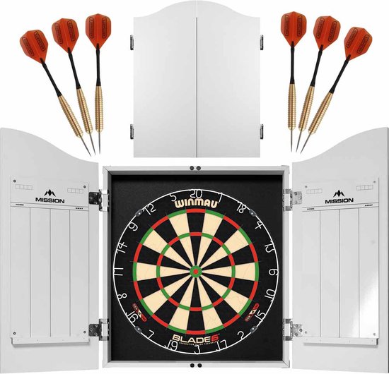 ABC Darts - Dartkabinet Met Winmau Blade 6 Dartbord en 2 Sets Dartpijlen - Wit
