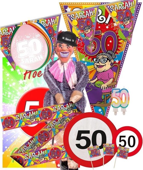Sarah 50 jaar leeftijd themafeest pakket XL versiering/decoratie - Vijftigste/50e verjaardag feestartikelen - Inclusief Sarah pop