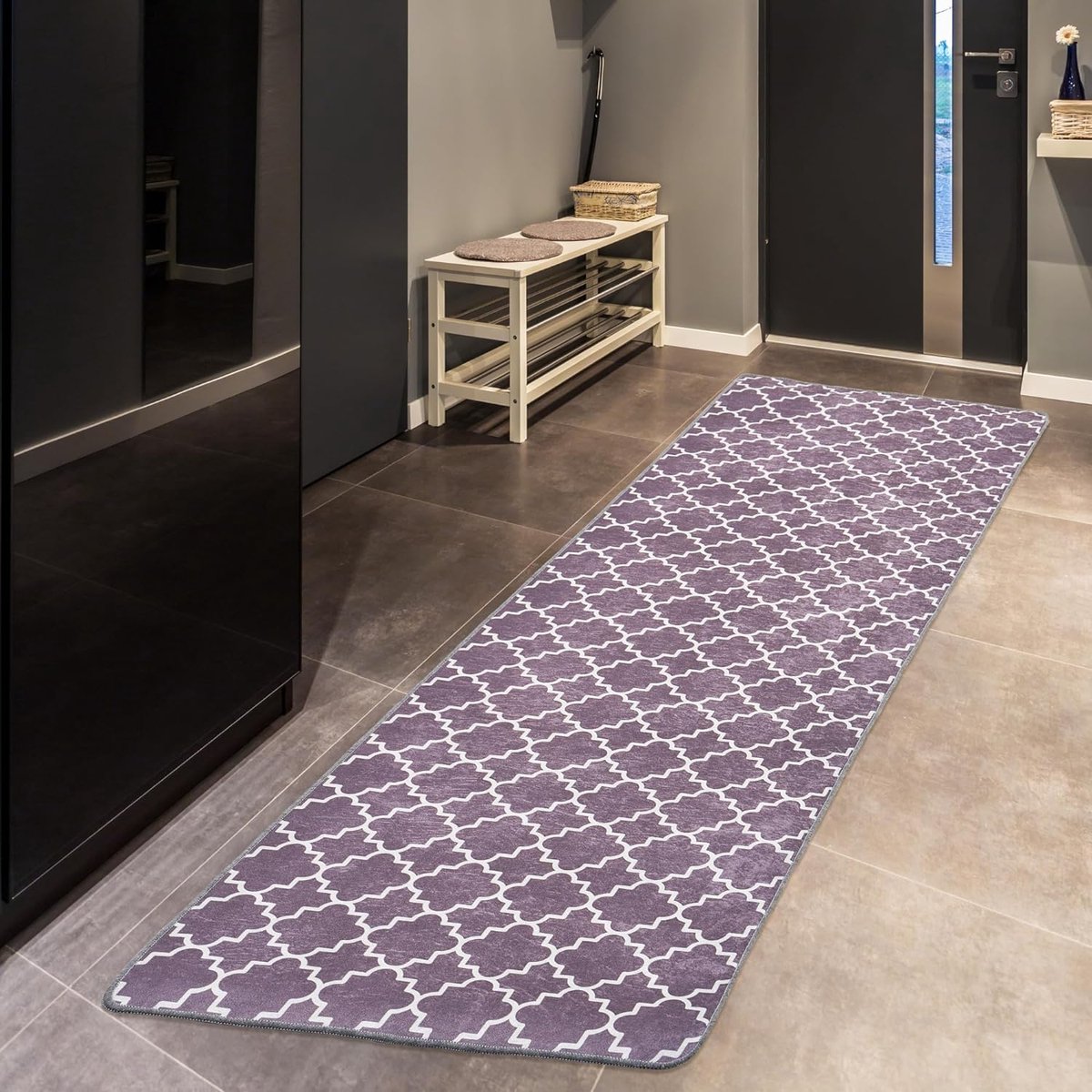 Woonkamer tapijt, laagpolig, modern geometrisch antislip vloertapijt, gel, loper, zwart-wit (Smoked, 100 x 300 cm)