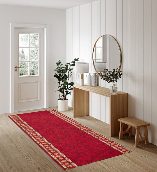 Tapiso Antislip Rubber Mat Rood Beige Klassiek Modern Rubbermat Tapijt Maat- 120x850