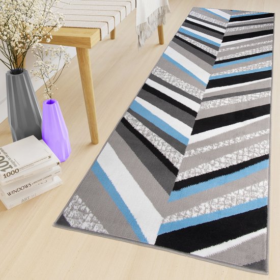 Tapiso Maya Loper Vloerkleed Grijs Blauw Gang Modern Woonkamer Gang Maat- 100x700