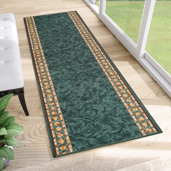 Tapiso Antislip Rubber Mat Groen Beige Klassiek Modern Rubbermat Tapijt Maat- 100x450